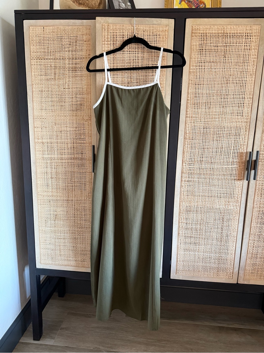 Olive Green Maxi Slip Dress with White Trim
